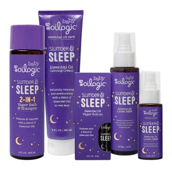 Oilogic Slumber & Sleep Baby Bath Essentials Gift Set, 5-Pack - Essential Oil Care Includes Roll-On, Calming Cream, Vapor Bath, and Two Linen Mist -