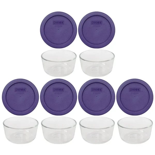 Pyrex 7202 1 Cup Glass Dish & 7202-PC 1 Cup Plum Purple Replacement Lid Cover (6-pack)