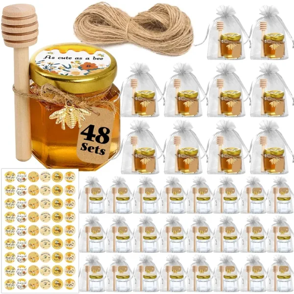 Aliggbent Honey Jars, 48 Pack Mini Honey Jars Party Favors in Bulk, 1.5 oz Small Hexagon Glass Honey Jars with Dipper,bee Stickers, Gold Lid, Cute Be