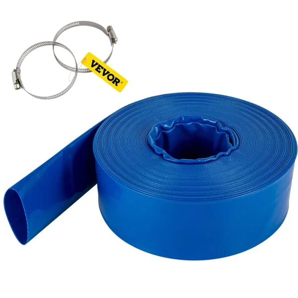 VEVOR Discharge Hose 2" x 105' PVC Fabric Lay Flat Hose Heavy Duty Backwash Drain Hose with Clamps Weather-Proof & Burst-Proof Ideal for Swimming
