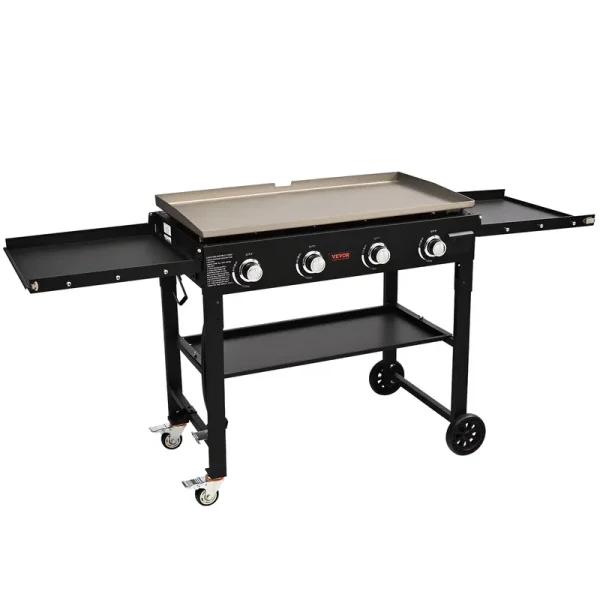 VEVOR Commercial Griddle on Cart, 36" Heavy Duty Manual Flat Top Griddle, Outdoor Cooking Station with Side Shelves, Steel Natural Gas Griddle, 4 - Burners Restaurant Portable Tested Tostandards