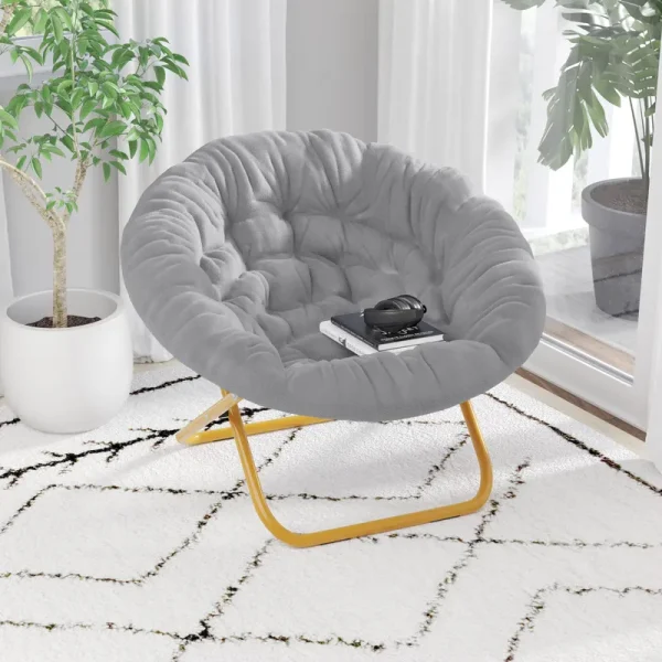 Bizchair 38" Oversize Portable Faux Fur Folding Saucer Moon Chair for Dorm and Bedroom, Gray Faux Fur/Soft Gold Frame
