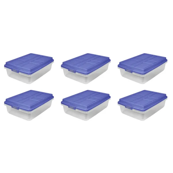 Hefty 40 Qt. Clear Plastic Storage Bin with Blue Hi-Rise Lid, 6 Pack