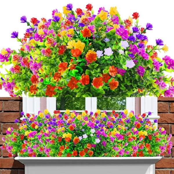12 Bundles Outdoor Artificial Fake Flowers UV Resistant Rose Eucalyptus Leaf Plants, Faux Plastic Greenery Gypsophila for Indoor Outside Hanging
