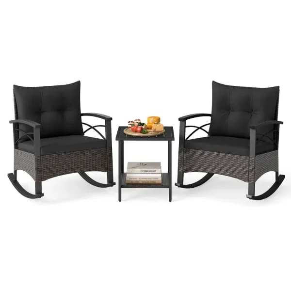 Tangkula 3 Piece Rocking Bistro Set PE Rattan Rocker Chairs with Acacia Wood Top Table