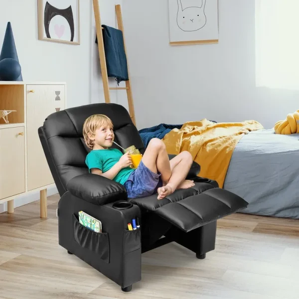 Infans Kids Youth Recliner Chair PU Leather W/Cup Holders & Side Pockets Black