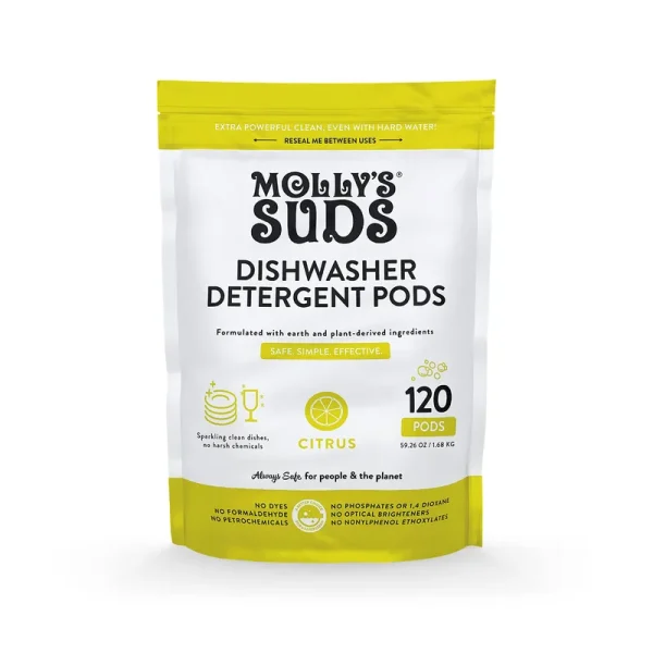 Molly's Suds Dishwasher Pods | Natural Dishwasher Detergent, Cuts Grease & Rinses Clean (Residue-Free) for Sparkling Dishes | 120 Auto-Release Tabs