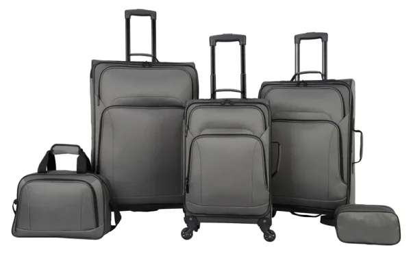 Protege 5 Piece Spinner Luggage Set, Includes 28 in Checked, 24 in Checked Bags, 20 in Carry - on, 15 in Boarding Tote and Matching Utility Bag, All Ages, Grey