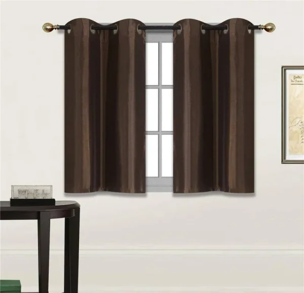 Fancy Linen 2 Panel Faux Silk Blackout Curtain Set Solid Dark Brown with Grommet Top Room Darkening Short Tier Drapes for Kitchen, Bathroom or Any