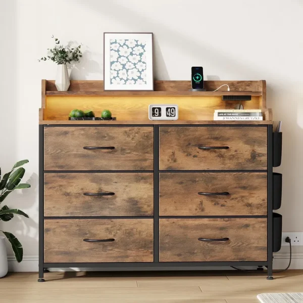 Laintene Dresser for Bedroom, 6 Drawer Dresser with LED Lights and Charging Station, Wide Chest of 6 Drawers with Open Space, Modern Large Capacity Storage Cabinet, Living Room, Hallway