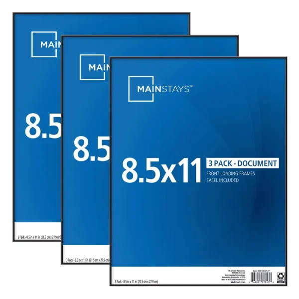 Mainstays 8.5" X11" Black Format Front Loading Picture Frames, Set of 3