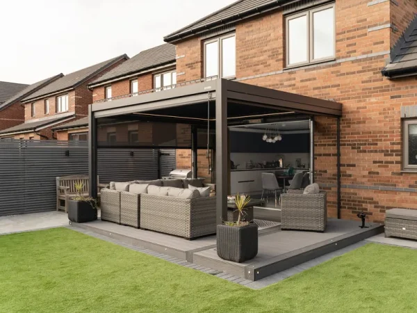 PERGOLUX Metal Pergola | 10' x 10', Aluminium, Adjustable Louvered Roof, Wall Mounted, Modern Scandinavian Design, Anthracite