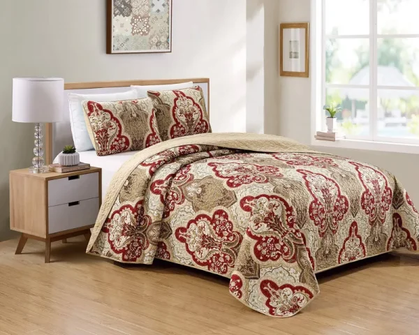 Luxury Home Collection 3 Piece King/California King Quilted Reversible Coverlet Bedspread Set Floral Printed Taupe Red