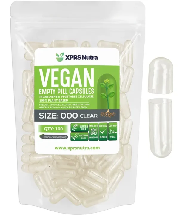 XPRS Nutra Capsules Express- Size 000 Clear Empty Vegan Capsules 100 Count - Kosher and Halal - Vegetarian/Vegetable Pill Capsule - DIY Powder Filling