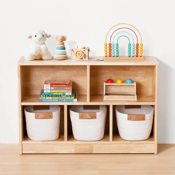 Rubber Wood 5 - Compartment Montessori Shelf, 35.4" L Toddler Bookshelf, 2 - Tier Wooden Storage Cabinet, Kids Classroom Organizer, Playroom, Daycare and Preschool Storage Shelves
