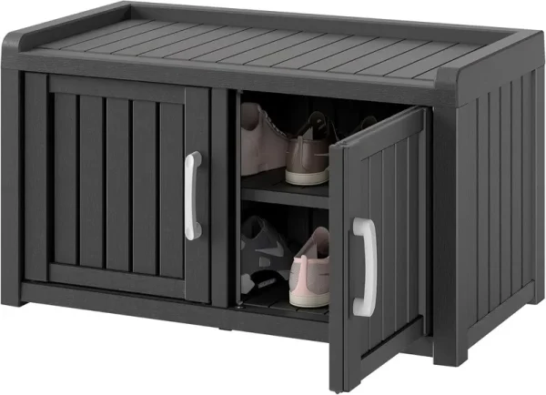 KAMABOKO Outdoor Shoe Storage Cabinet, Waterproof UV - Resistant Entryway Storage Bench Indoor Outdoor with 2 Barn Doors, Adjustable Shelves for Entryway, Bedroom, Hallway, Living Room(Black)