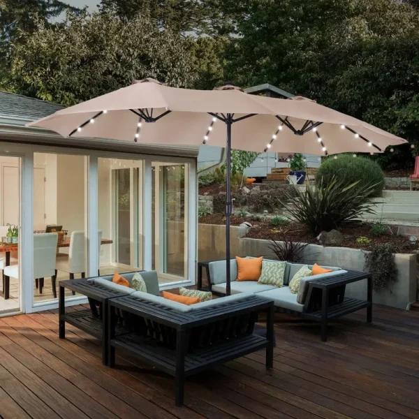 Phi Villa 15ft Extra Large Double-Sided Patio Umbrella with Solar Powered LED Lights (Base Included) Beige