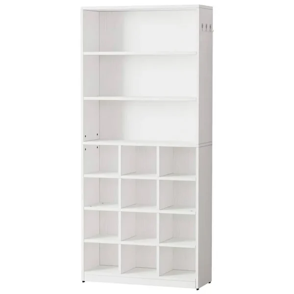 Lauren White Shoe Cabinet with Side Hooks 24 Pair Freestanding Shoe Rack Storage Organizer for Hallway Closet Entryway