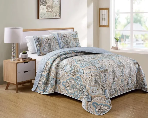 Luxury Home Collection 3 Piece King/California King Quilted Reversible Coverlet Bedspread Set Floral Printed Blue Taupe