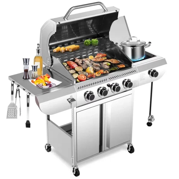 LHRIVER Stainless Steel 4 Burner Propane Gas Grill with Side Burner, Portable Outdoor Barbecue Grill, 45, 000 BTU