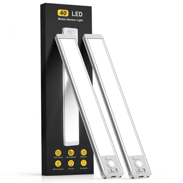 Mcgor Under Cabinet Lights,40 LED Rechargeable Battery Operated Motion Sensor Light Indoor, 2 Pack Magnetic Dimmable Closet Lights, Wireless Under