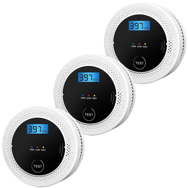 3 Pack Smoke and Carbon Monoxide Detectors Powered by Batteries, with Digital Display, Smoke and Carbon Dioxide Dual Alarm Sensors, Easy to Install