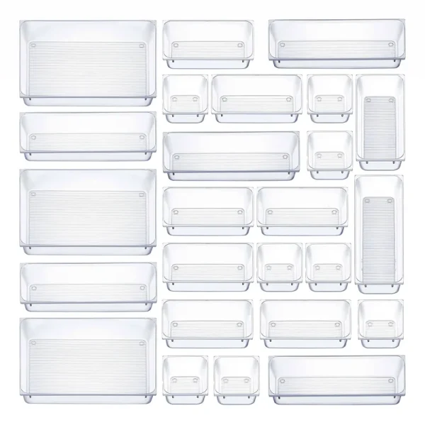 Seseno 25 Pcs Drawer Organizer Set Dresser Desk Drawer Dividers - 4 Size Bathroom Vanity Cosmetic Makeup Trays - Multipurpose Clear Plastic Storage