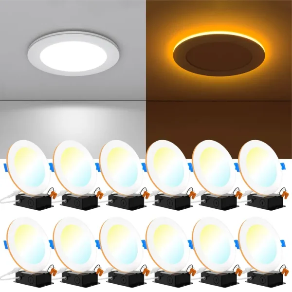 Sunco Lighting 12 Pack 6 inch Ultra Thin LED Recessed Ceiling Lights with Night Light, 1500 lm, Selectable CCT 2700K/3000K/3500K/4000K/5000K,