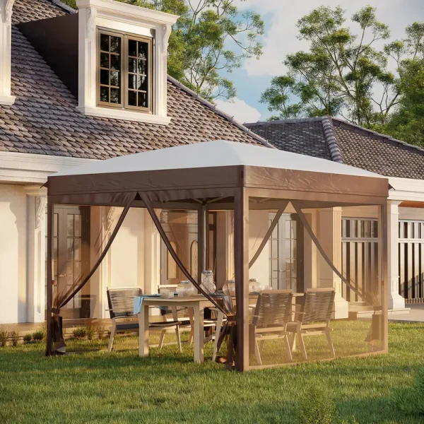 Outsunny 10' x 10' Pop Up Canopy Tent Foldable Gazebo with Netting, Wheeled Carry Bag and Sand Bags, Cream