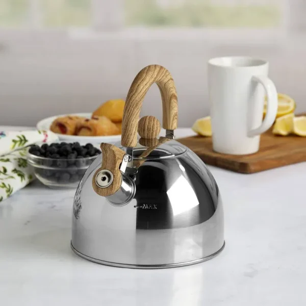 Primula Stewart Whistling Stovetop Tea Kettle Food Grade Stainless Steel, Hot Water Fast to Boil, Cool Touch Folding, 1.5 qt, Polished with Wood