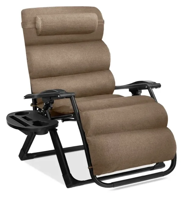 Oversized Chair, Folding Outdoor Patio Recliner, XL Anti Gravity Lounger W/Removable Cushion, Cup Holder, Side Tray, 350 lb Capacity - Taupe