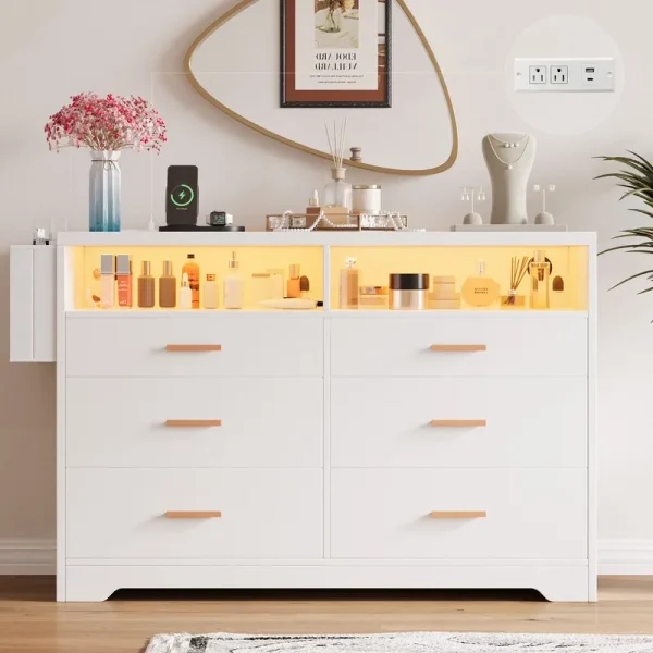 White Dresser for Bedroom, 6 Drawers Dresserwith LED Lights and Charging Station, 47" Wide Bedroom Dresser Chest of Drawers Storage Organizer TV Stand for up to 55" TV for Living Room