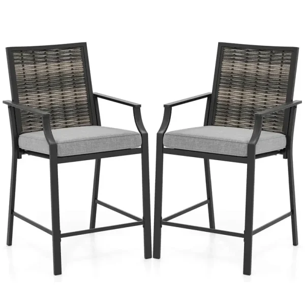 Outdoor Metal Bar Stools Set of 2 with Rattan Back, Armrest, Fabric Seat & Cushions, Counter Height Patio Bar Chairs for Poolside, Porch, Backyard