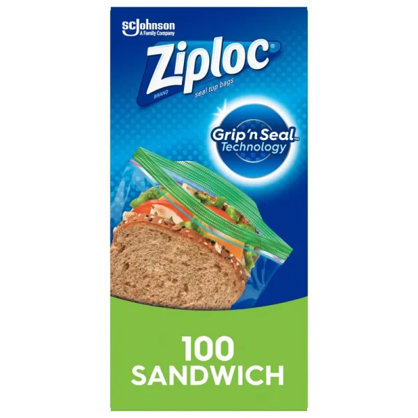 Ziploc Brand Sandwich Bags with Grip 'n Seal Technology, 100 Count