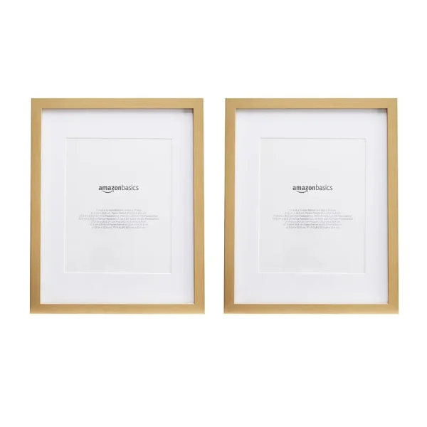 Amazon Basics Rectangular Photo Picture Frame, 11" x 14" or 8" x 10" with Mat, Pack of 2, Gold, 12.28 x 15.18 Inches