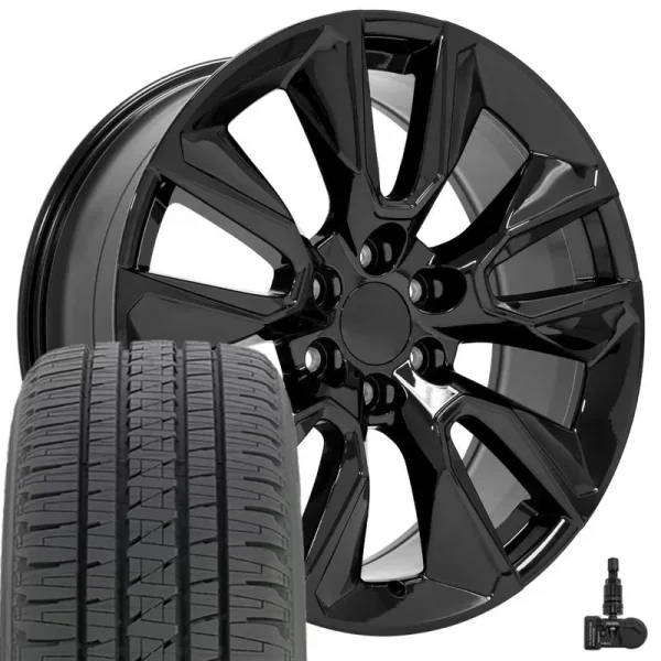 OE Wheels CV32 22 in Rims and Tires Fit Silverado 1500 Style 6x139.7 22x9 Gloss Black - Hollander 5916 - Dueler H/L Alenza 285/45 - 22 (Set of 4)