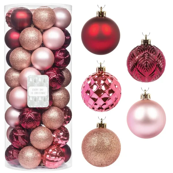 Every Day Is Christmas Ornaments, Shatterproof Christmas Tree Ornament Set, Christmas Balls Decoration 50 Count (2.24"/57mm, Pink Rose)