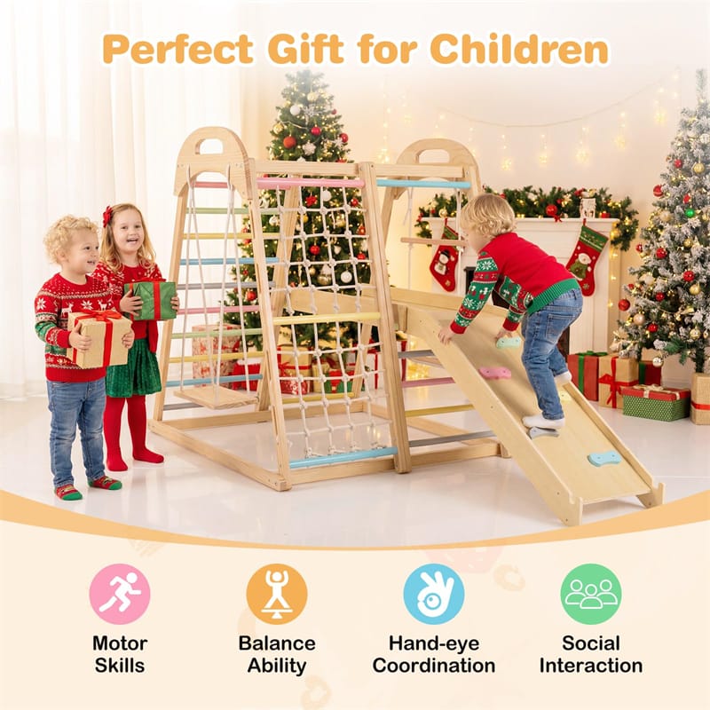 Eletriclife 8-in-1 Wooden Indoor Jungle Gym Montessori Climber Playset with Slide & Swing for Kids