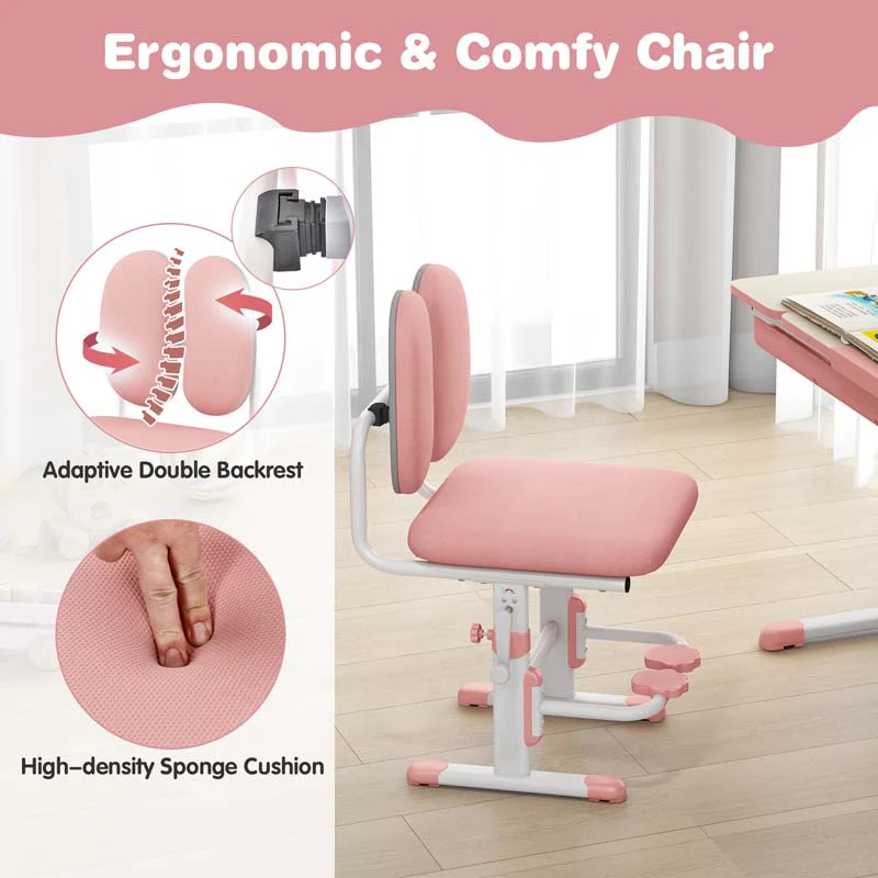 Eletriclife Height Adjustable Children Study Table and Chair with Bookshelf