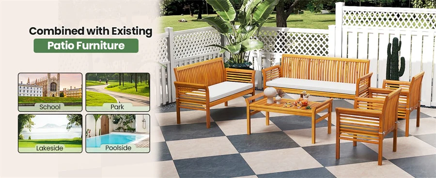 Eletriclife 62.5" 3-Person Outdoor Acacia Wood Bench with Cushion & High Backrest, 2000LBS Capacity