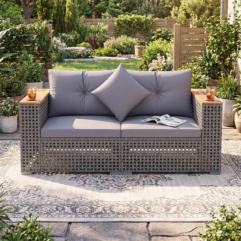 Eletriclife 62.5" Modular Patio Wicker Loveseat with Acacia Wood Armrests & Cup Holders for Garden Backyard