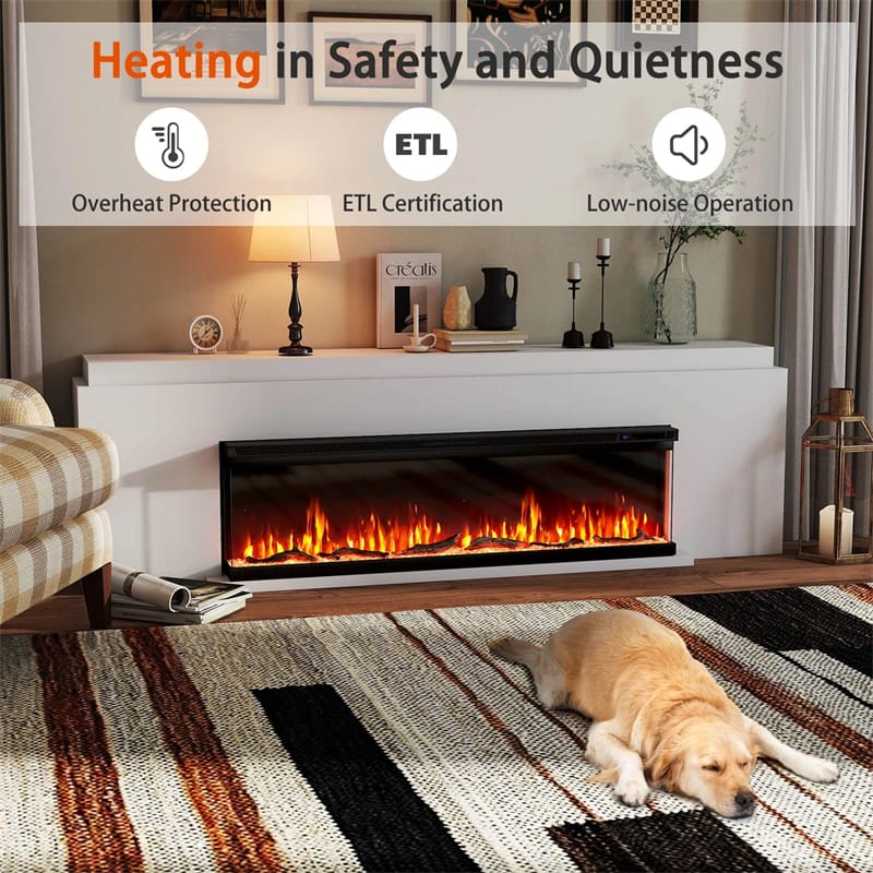 Eletriclife 60 Inches 3-Sided Electric Fireplace Insert 750W/1200W Recessed Heater with 12 Flame Colors & Remote Control