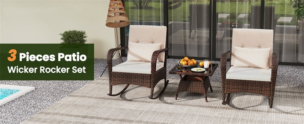 Eletriclife 3-Piece Outdoor Wicker Rocking Chair Set with Cushions & Pillows, Tempered Glass Coffee Table for Porch Balcony