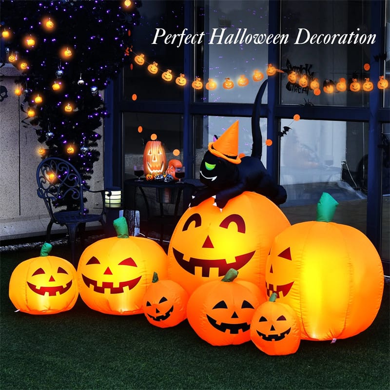 Eletriclife 7.5 FT Halloween Inflatable Pumpkin Combo with Witch Black Cat & LED Lights for Outdoor & Indoor Decorations
