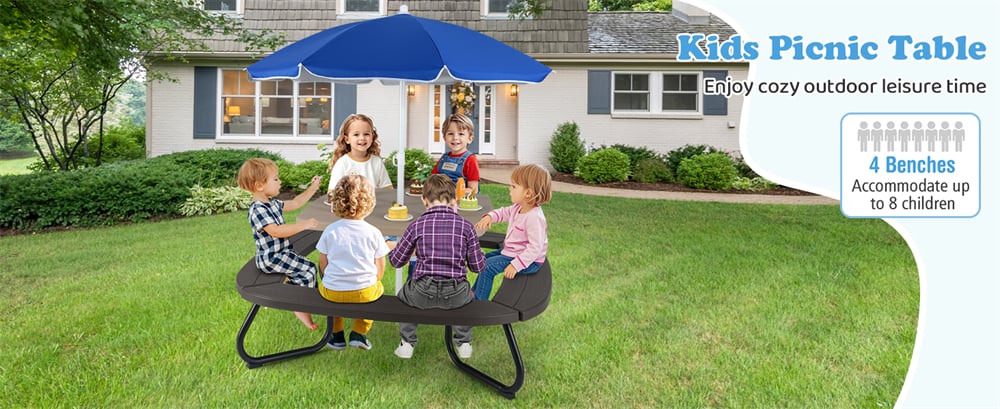 Eletriclife Outdoor 8-Person Kids HDPE Picnic Table Bench Set with Removable & Foldable Umbrella