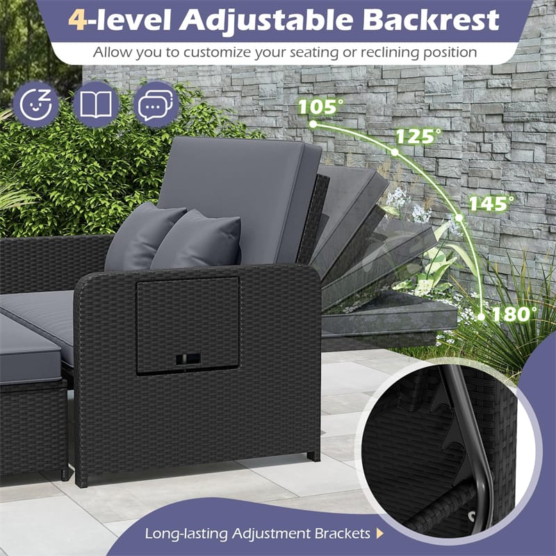 Eletriclife Patio Rattan Daybed Outdoor Wicker Loveseat Sofa with 4-Level Adjustable Backrest & Storage Ottoman