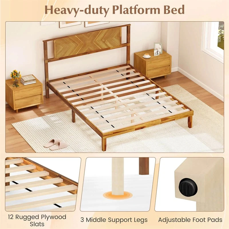 Eletriclife Twin/Full/Queen Size Acacia Wood Platform Bed Frame with Headboard & Under-Bed Space
