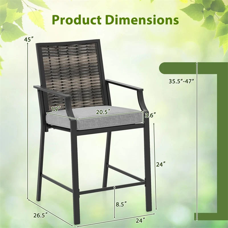Eletriclife Outdoor Metal Bar Stools Set of 2 with Rattan Back, Armrest, Fabric Seat & Cushions
