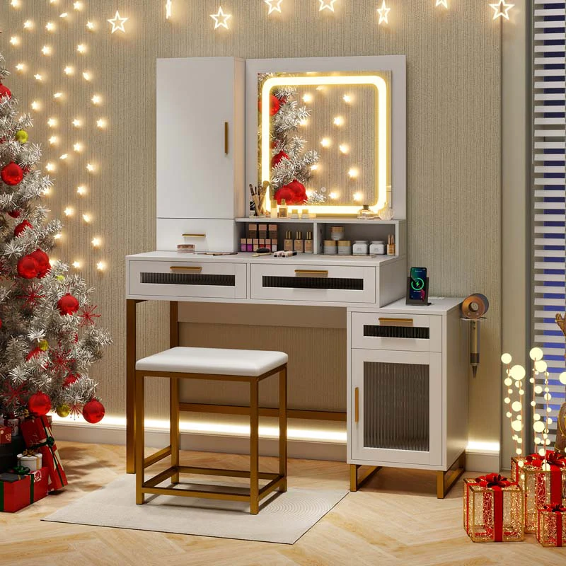 Eletriclife Makeup Vanity Desk Dressing Table and Stool Set with Lighted Mirror