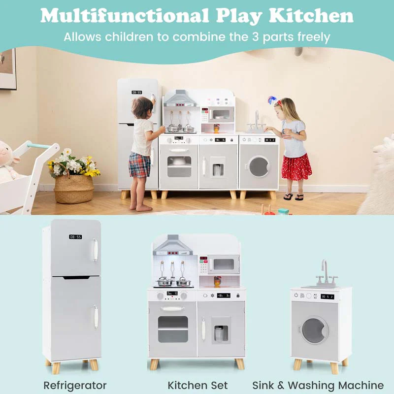 Eletriclife Kids Kitchen Playset 3-in-1 with Refrigerator and Washing Machine